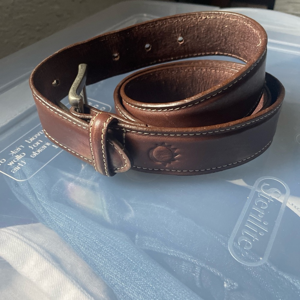 Genuine Leather Belt Size 38 Brown Silver Tone Buckle Double Stitch Edge